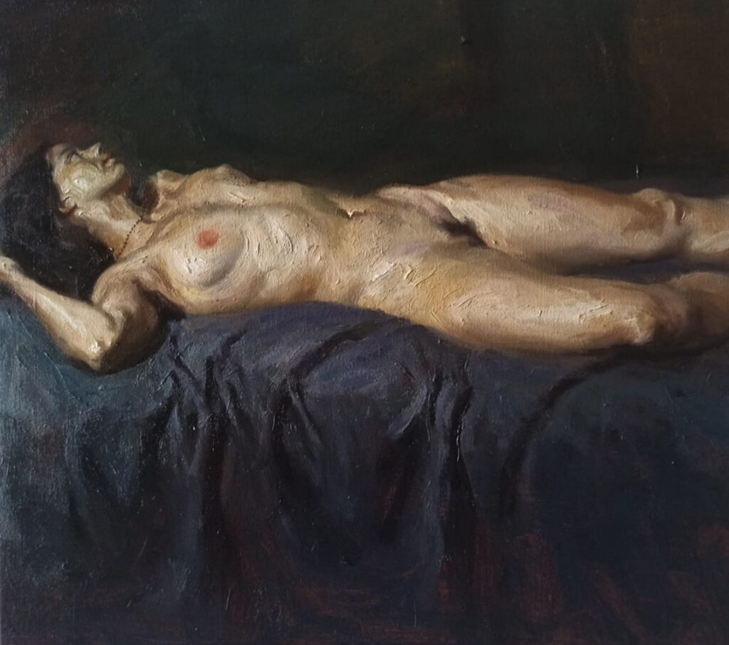 2023, Nude on a blue bedsheet, 40x50